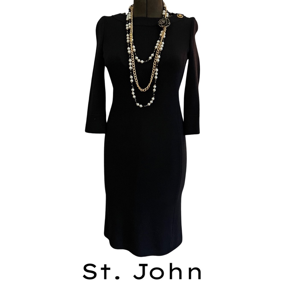 ST. JOHN COLLECTION BLACK KNIT DRESS WITH 3/4 SLEEVES, MADE IN USA, SIZE 2